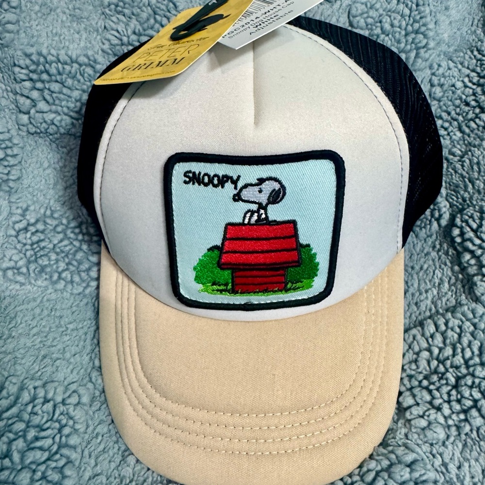 Peter Grimm Beige Bill White Front Black Mesh Snoopy Patch Hat